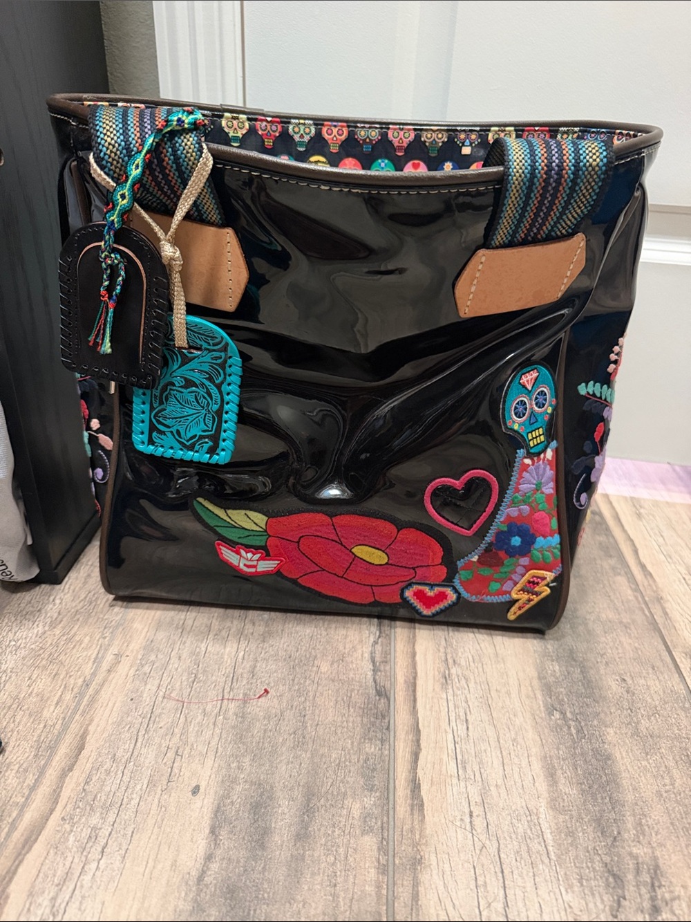 Consuela Black Floral Embroidered Tote Bag with Colorful Accents